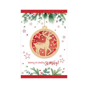 Kalėdinis atvirukas su medžio dekoracija