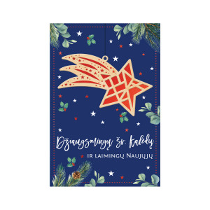 Kalėdinis atvirukas su medžio dekoracija