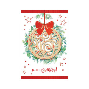 Kalėdinis atvirukas su medžio dekoracija